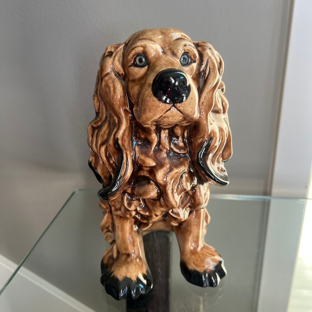 Vintage Large Ceramic Cocker Spaniel Dog Figurine Glossy Brown Spaniel Statue